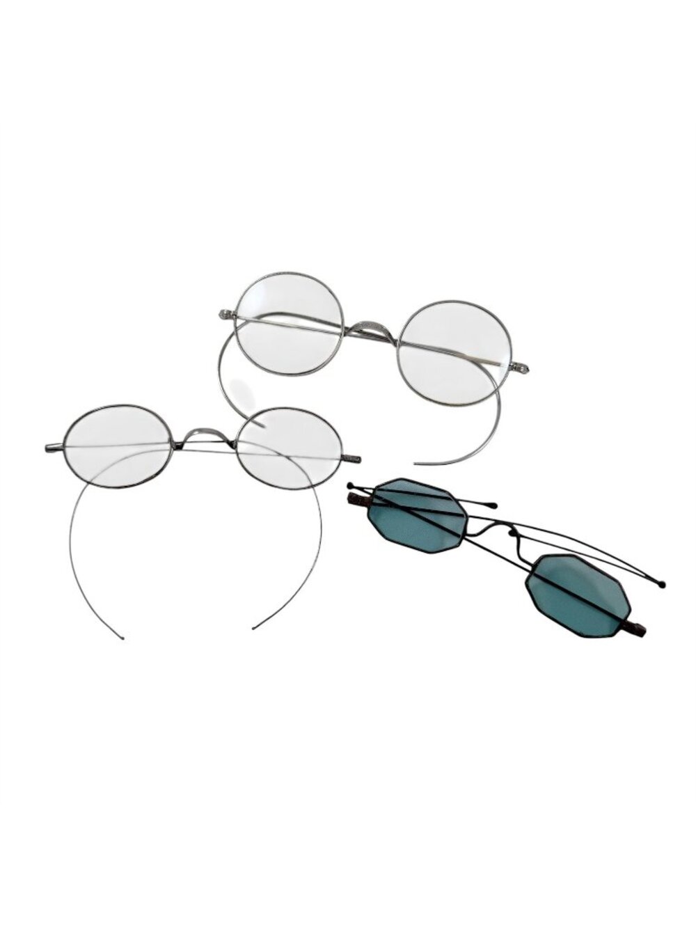 3 Antique Glasses Vintage Wire Frame Eyeglasses Durex 12K GF Blue Tinted Oval